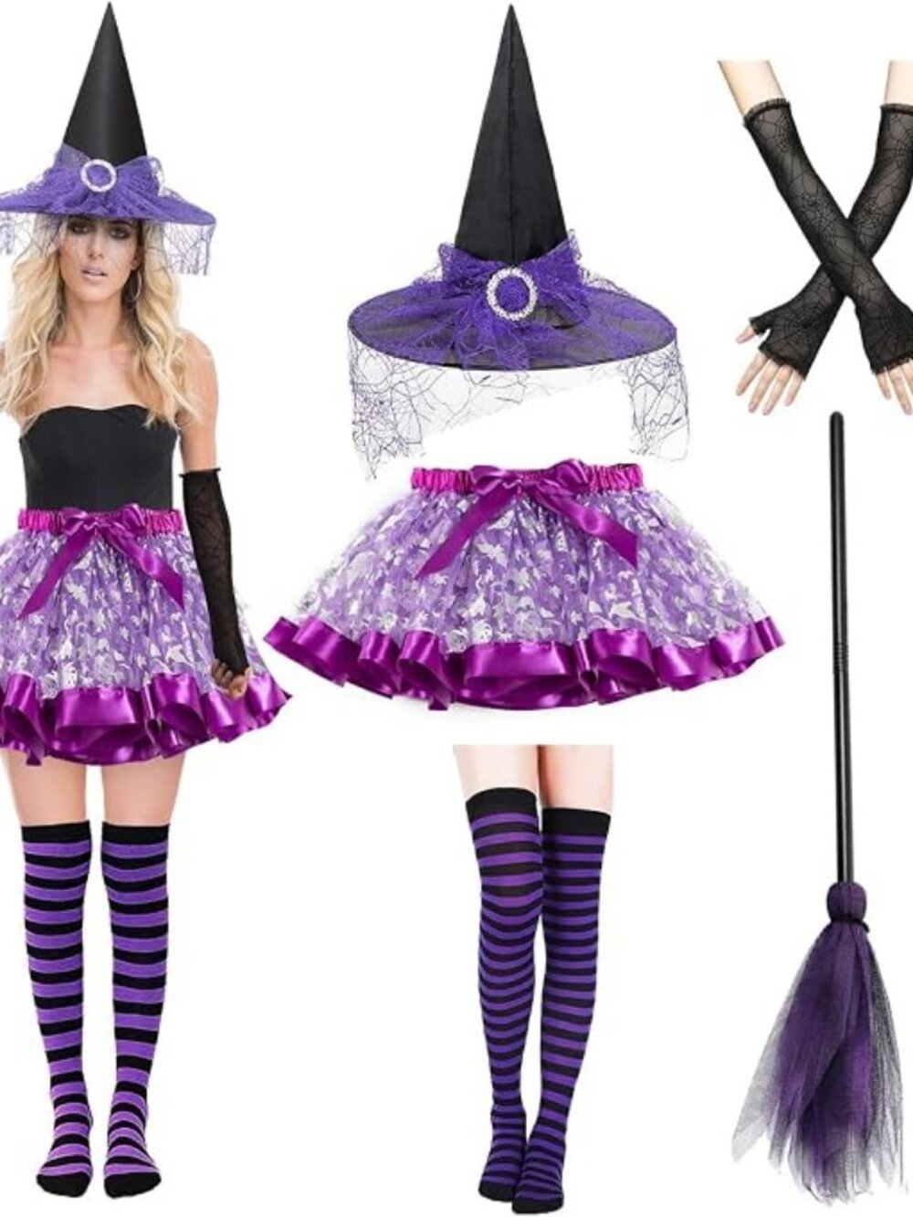5PCS Witch Costume Women Halloween Costume with Hat Tutu Broom Striped Tights